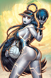  1girl android artist_name ass ball black_hair black_lips black_nails bracelet colored_skin cowboy_shot curvy female_seth_(street_fighter) glowing glowing_eyes grey_skin hair_rings highres holding holding_ball huge_ass jewelry long_hair looking_at_viewer looking_back metal_skin neon_trim one-piece_swimsuit parted_lips ryan_kinnaird seth_(street_fighter) shiny_clothes shiny_skin solo street_fighter street_fighter_v swimsuit very_long_hair visor_cap volleyball volleyball_(object) wide_hips yellow_eyes 