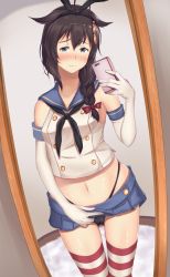 1girl ahoge bad_id bad_pixiv_id black_hair black_panties blue_eyes blue_skirt blush braid breasts cameltoe cellphone clothes_lift cosplay cowboy_shot elbow_gloves gloves hair_flaps hair_ornament hair_over_shoulder hair_ribbon highleg highleg_panties highres holding holding_phone horizontal-striped_legwear kantai_collection lifting_own_clothes long_hair looking_at_viewer midriff miniskirt mirror navel panties phone red_ribbon remodel_(kantai_collection) ribbon ronguuta selfie shigure_(kancolle) shimakaze_(kancolle) shimakaze_(kancolle)_(cosplay) single_braid skirt skirt_lift small_breasts smartphone smile solo standing striped_clothes striped_thighhighs thighhighs underwear ushiotoko&amp;hiroshi white_gloves rating:Questionable score:8 user:danbooru