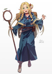  1girl absurdres acolu00 backpack bag belt blonde_hair blue_capelet blue_dress blush book braid braided_sidelock capelet commentary_request dated dress dungeon_meshi full_body green_eyes highres holding holding_staff long_hair long_sleeves looking_at_viewer marcille_donato open_mouth pointy_ears sandals signature smile solo staff teeth twin_braids upper_teeth_only  rating:General score:10 user:danbooru