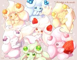 :d :q ;) alcremie alcremie_(berry_sweet) alcremie_(clover_sweet) alcremie_(flower_sweet) alcremie_(love_sweet) alcremie_(ribbon_sweet) alcremie_(star_sweet) alcremie_(strawberry_sweet) apron blue_eyes bowl closed_eyes commentary_request cream creatures_(company) evolutionary_line eyelashes food french_commentary fruit game_freak gen_8_pokemon green_eyes heart highres holding holding_bowl holding_whisk milcery nintendo no_humans okoge_(simokaji) one_eye_closed open_mouth outline pokemon pokemon_(creature) red_eyes signature smile sparkle strawberry tongue tongue_out whisk 