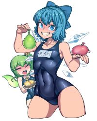  2girls blue_bow blue_eyes blue_hair blue_one-piece_swimsuit blush bow breasts cirno closed_eyes collarbone commentary_request covered_navel cropped_legs daiyousei fairy_wings fang flat_chest green_hair grin hair_bow highres ice ice_wings mini_wings multiple_girls name_tag one-piece_swimsuit one_side_up school_swimsuit short_hair small_breasts smile spacezin sweat swimsuit thighs toned touhou water water_balloon waterfall wings  rating:Sensitive score:64 user:danbooru