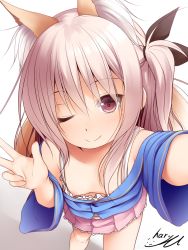 1girl ;) animal_ears artist_name blue_shirt blush bra breasts closed_mouth collarbone downblouse eyebrows fox_ears frilled_bra frills gradient_background hair_between_eyes hair_over_one_eye haryuu_(poetto) highres leaning_forward long_hair looking_at_viewer loose_clothes loose_shirt nipple_slip nipples one_eye_closed one_side_up original outstretched_arm pink_hair pink_skirt pleated_skirt purple_eyes reaching reaching_towards_viewer selfie shirt signature skirt small_breasts smile solo standing underwear v white_bra rating:Questionable score:58 user:danbooru