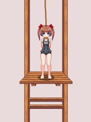  1girl animated animated_gif asphyxiation blue_eyes bound bow brown_hair death execution guro hair_bow hanged lowres noose peeing school_swimsuit swimsuit twintails vvindowsme  rating:Explicit score:190 user:anon56