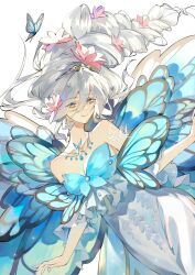  1girl absurdres bare_shoulders blue_butterfly blue_eyes blue_wings braid breasts bug butterfly butterfly_wings cleavage collarbone cowboy_shot dress final_fantasy final_fantasy_xiv flower frilled_dress frills genderswap genderswap_(otf) hair_flower hair_ornament highres insect insect_wings jewelry long_hair looking_at_viewer mumomomomo necklace off-shoulder_dress off_shoulder procreate_(medium) signature simple_background single_braid smile solo tiara titania_(final_fantasy) updo white_background white_dress white_hair wings 