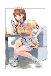  1girl absurdres apron belt brown_eyes brown_hair cafe couch dress highres holding holding_tray leaning_forward neckerchief on_couch orange_dress original pink_belt puffy_short_sleeves puffy_sleeves red_neckerchief shoes short_hair short_sleeves sitting sneakers socks solo table tray waitress white_apron white_footwear white_headdress white_socks yasuda_akira 