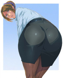 1girl ass back-seamed_legwear blush brown_eyes brown_hair curvy earrings formal glasses highres homare_(fool&#039;s_art) huge_ass jewelry long_hair looking_at_viewer looking_back mature_female office_lady pantyhose pencil_skirt seamed_legwear skirt solo suit thick_thighs thighs wide_hips rating:Sensitive score:157 user:Marcerner