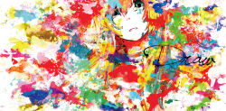  1girl abstract abstract_background album_cover aqua_eyes bad_id bad_pixiv_id blue_eyes colorful cover english_text frown hair_between_eyes highres long_hair looking_at_viewer megurine_luka meola multicolored_hair outside_border paint_splatter solo tearing_up vocaloid 