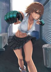 1girl abs air_conditioner alley black_skirt boxing_gloves breasts brown_hair cleavage clenched_hand clenched_teeth collarbone day earrings fingerless_gloves grin highres incoming_attack incoming_punch industrial_pipe jewelry large_breasts leaning_forward looking_at_viewer midriff miniskirt mma_gloves muscular muscular_female navel no_bra original outdoors pleated_skirt punching ranma_(kamenrideroz) red_eyes school_uniform shirt short_hair skirt skirt_flip smile solo teeth tied_shirt trash_can rating:Sensitive score:50 user:danbooru