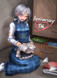  1girl ;d animal_ear_fluff animal_ears anniversary artist_name blue_skirt blue_vest burn_scar commentary_request dorei_to_no_seikatsu_~teaching_feeling~ english_text fake_animal_ears folded_clothes folding_clothes grey_eyes grey_hair hairband highres holding holding_clothes indoors long_hair long_sleeves looking_at_viewer low_ponytail milestone_celebration no_shoes one_eye_closed open_mouth plaid plaid_skirt plaid_vest ray-k scar shirt signature sitting skirt skirt_set smile socks solo sylvie_(dorei_to_no_seikatsu) vest watermark white_shirt white_socks 