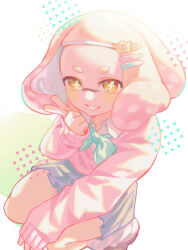  1girl aqua_bow aqua_bowtie bow bowtie bright_pupils grey_skirt hair_ornament hairclip hd_rock highres inkling looking_at_viewer medium_hair mole mole_under_mouth nintendo pearl_(splatoon) pink_hair pink_sweater pleated_skirt short_eyebrows skirt sleeves_past_wrists smile solo splatoon_(series) squatting star-shaped_pupils star_(symbol) sweater symbol-shaped_pupils teeth tentacle_hair thick_eyebrows v white_pupils yellow_eyes 