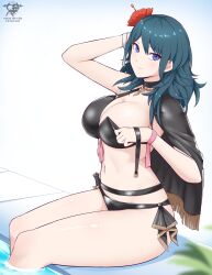 1girl absurdres artist_logo artist_name bikini black_bikini black_cape blue_hair breasts byleth_(female)_(fire_emblem) byleth_(female)_(summer)_(fire_emblem) byleth_(fire_emblem) cape cleavage commentary english_commentary feet_out_of_frame fire_emblem fire_emblem:_three_houses fire_emblem_heroes flower hair_flower hair_ornament hibiscus highres kaos_art knife large_breasts lips long_hair looking_at_viewer navel nintendo official_alternate_costume patreon_username pink_lips pool purple_eyes red_flower sitting smile soaking_feet solo swimsuit thighs undressing water 