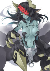  1girl animal_ears animal_hands arachne arthropod_girl black_fur black_hair blue_skin breasts breasts_apart bright_pupils chest_tattoo claws colored_skin commentary commission cow_ears doushimasho eyepatch fewer_digits fur grin horns insect_girl large_breasts long_hair looking_at_viewer monster_girl monster_girl_encyclopedia navel nude one_eye_covered simple_background skull smile solo spider_girl standing tattoo taur ushi-oni_(monster_girl_encyclopedia) white_background yellow_eyes  rating:Sensitive score:24 user:danbooru