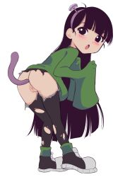  1girl :o anal anal_object_insertion anal_tail ass bad_id bent_over black_eyes black_hair blush butt_plug cleft_of_venus codename:_kids_next_door fake_tail female_focus full_body green_shirt highres loli long_hair looking_at_viewer looking_back numbuh_3 object_insertion pants pussy sex_toy shirt shoes simple_background sleeves_past_wrists solo superfex tail torn_clothes torn_pants uncensored white_background yoga_pants  rating:Explicit score:193 user:Lagiacrucifix