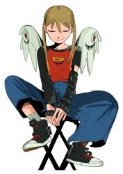  1girl between_legs blonde_hair blue_pants closed_eyes copyright_name full_body hand_between_legs highres maka_albarn nineinsweet own_hands_together pants shoes simple_background sitting smile sneakers solo soul_eater twintails white_background  rating:General score:4 user:danbooru