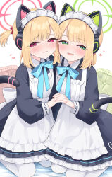  2girls animal_ear_headphones animal_ears apron bed_sheet blonde_hair blue_archive blue_bow blush bow closed_mouth commentary_request dress fake_animal_ears frilled_apron frilled_dress frills green_eyes hair_bow half-closed_eyes halo headphones heart highres looking_at_viewer maid maid_apron maid_headdress masshirokachi midori_(blue_archive) midori_(maid)_(blue_archive) momoi_(blue_archive) momoi_(maid)_(blue_archive) multiple_girls pantyhose parted_lips pillow purple_eyes red_bow siblings simple_background sisters smile tail twins twintails white_apron white_background white_pantyhose 