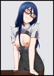  1girl absurdres alice_gear_aegis black_pantyhose blue_hair blush breast_cutout breasts breasts_out closed_eyes covered_erect_nipples crotch_rub desk female_masturbation glasses high-waist_shorts highres long_hair masturbation masturbation_through_clothes momoshina_fumika mutsumura_ryuuichi nipples pantyhose shirt short_sleeves shorts small_breasts solo table_humping trembling wavy_mouth 