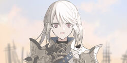  1girl :d armor au_ra blue_sky blurry blurry_background character_request chihuri cloud day depth_of_field dragon_horns final_fantasy final_fantasy_xiv hair_between_eyes highres horns looking_at_viewer open_mouth outdoors pauldrons purple_eyes shoulder_armor sky smile solo upper_body white_hair 