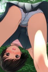  1girl :d absurdres ass bare_shoulders bent_over black_hair black_skirt blurry blurry_background blush brown_eyes day depth_of_field from_behind highres kneepits looking_at_viewer looking_back looking_through_own_legs matsunaga_kouyou nose_blush open_mouth original outdoors panties pink_shirt pleated_skirt shirt skirt sleeveless sleeveless_shirt smile solo standing striped_clothes striped_panties underwear  rating:Sensitive score:41 user:danbooru