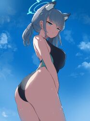  1girl absurdres animal_ear_fluff animal_ears black_one-piece_swimsuit blue_archive blue_eyes blue_sky breasts cloud competition_swimsuit cross_hair_ornament extra_ears from_below grey_hair hair_ornament halo highres kittenlochen looking_at_viewer low_ponytail medium_breasts medium_hair mismatched_pupils multicolored_clothes multicolored_swimsuit official_alternate_costume one-piece_swimsuit shiroko_(blue_archive) shiroko_(swimsuit)_(blue_archive) sky solo standing swimsuit wolf_ears  rating:Sensitive score:9 user:danbooru