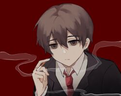  1boy black_jacket brown_eyes brown_hair chinese_commentary cigarette closed_mouth collared_shirt commentary_request empty_eyes film_grain hair_between_eyes highres holding holding_cigarette jabuchi_you jacket long_sleeves male_focus necktie red_background red_necktie saibou_shinkyoku shirt short_hair simple_background smoke solo white_shirt xintiao_ganying_dianliu 