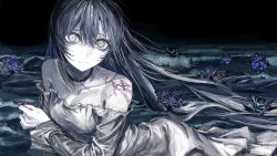  1girl ado_(utaite) bare_shoulders blue_eyes blue_flower blue_hair breasts closed_mouth cloud_nine_inc collarbone commentary dress expressionless floating_hair flower grey_eyes hair_between_eyes heterochromia highres long_hair looking_at_viewer medium_breasts off-shoulder_dress off_shoulder official_art solo utaite veins very_long_hair white_dress wide-eyed zpicy_owl 
