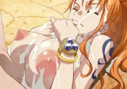 1boy 1girl bracelet breasts breasts_squeezed_together censored closed_eyes closed_mouth cum cum_on_body cum_on_breasts cum_on_hair cum_on_upper_body earrings facial hetero high_ponytail jewelry kyabakurabakufu large_areolae large_breasts long_hair lying mosaic_censoring nami_(one_piece) nipples nude on_back one_piece orange_hair paizuri penis ponytail puffy_areolae solo_focus straddling straddling_paizuri sweat tattoo upper_body rating:Explicit score:101 user:Kentabarou