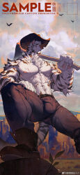  1boy abs absurdres animal_ears arknights axe bara belt bird blue_eyes boots brown_footwear brown_pants bulge chinese_commentary claws cloud cloudy_sky commentary_request cowboy_hat cross_scar facial_scar furry furry_male hat highres holding holding_axe juhachiii male_focus mixed-language_text mountain_(arknights) mountainous_horizon multilingual multiple_scars muscular muscular_male nipples over_shoulder pants pawpads pectorals profile scar scar_across_eye scar_on_arm scar_on_cheek scar_on_chest scar_on_face scar_on_stomach sky sweat tail tiger_boy tiger_ears tiger_stripes tiger_tail topless_male translation_request very_sweaty weibo_logo weibo_watermark 