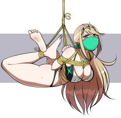 1girl ass barefoot bdsm blonde_hair blush bondage bound bra breasts cleavage feet gag highres hogtie jam-orbital large_breasts looking_at_viewer mythra_(xenoblade) nintendo restrained rope simple_background soles solo sweat thong toes underwear white_background xenoblade_chronicles_(series) xenoblade_chronicles_2 rating:Questionable score:85 user:Perv-Ultra