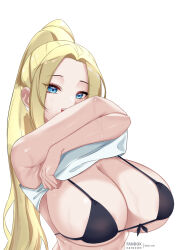  1girl absurdres amai-pai armpit_crease beatrix_amerhauser bikini black_bikini blonde_hair blue_eyes breasts cleavage clothes_lift commentary english_commentary fanbox_username front-tie_bikini_top front-tie_top high_ponytail highres lifting_own_clothes long_hair looking_at_viewer open_mouth paid_reward_available ponytail shirt_lift sideboob smile solo string_bikini sweat swimsuit tank_top upper_body white_background white_tank_top zom_100:_zombie_ni_naru_made_ni_shitai_100_no_koto  rating:Sensitive score:97 user:danbooru