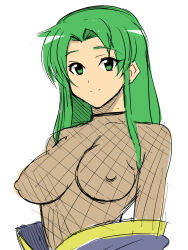  1girl artist_request breasts copyright_request fishnets ganbare_goemon green_eyes green_hair highres large_breasts long_hair mugi_no_yae nipples simple_background smile solo white_background  rating:Explicit score:12 user:ara-ara