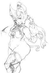  1girl animal_ear_fluff animal_ears breasts cheese_hair_ornament chinese_zodiac covered_erect_nipples covered_navel fingernails flower food-themed_hair_ornament fur-trimmed_sleeves fur_trim greyscale hair_ornament hatching_(texture) highres kei_(bekei) long_fingernails long_hair medium_breasts monochrome ok_sign open_mouth original plump simple_background sketch sleeves_past_wrists smile solo tail teeth thighhighs tongue twintails upper_teeth_only very_long_fingernails white_background year_of_the_rat 