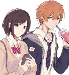  1boy 1girl blonde_hair brother_and_sister brown_eyes brown_hair closed_mouth collared_shirt commentary_request cup diagonal-striped_bowtie disposable_cup drinking_straw earphones hand_up heart highres holding holding_cup holding_phone hood hood_down jacket juicelooped kamiyama_high_school_uniform_(project_sekai) long_sleeves multicolored_hair musical_note open_clothes open_jacket orange_hair parted_lips phone project_sekai school_uniform shinonome_akito shinonome_ena shirt short_hair siblings simple_background streaked_hair two-tone_hair upper_body white_background 
