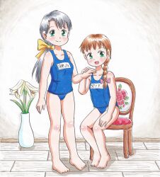2girls absurdres aged_down barefoot black_hair blue_one-piece_swimsuit blush bow braid breasts brown_hair chair collarbone female_focus flower full_body gakkou_no_kaidan_(anime) green_eyes hair_bow hair_ribbon highres loli long_hair looking_at_viewer marup miyanoshita_kayako miyanoshita_satsuki mother_and_daughter multiple_girls name_tag one-piece_swimsuit open_mouth pink_bow plant ponytail potted_plant ribbon school_swimsuit side_braid sitting small_breasts smile standing swimsuit vase yellow_ribbon