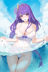  1girl :p absurdres blue_sky braid braided_ponytail choker clothes_lift cloud cowboy_shot day dress dress_lift flower genshin_impact hair_flower hair_ornament highres lifted_by_self long_hair ningri_(lianyungangwyz) outdoors panties purple_eyes purple_flower purple_hair raiden_shogun revision side-tie_panties sky solo thigh_gap tongue tongue_out underwear untied_panties very_long_hair wading water wet white_choker white_dress white_panties 