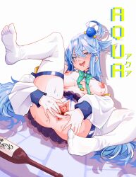  1girl absurdres anus aqua_(konosuba) ass blue_eyes blue_hair blue_pubic_hair blush bow breasts clitoris colored_pubic_hair commission erick.z female_pubic_hair hair_ornament hair_rings highres kono_subarashii_sekai_ni_shukufuku_wo! large_breasts long_hair looking_at_viewer nipples open_mouth pubic_hair pussy second-party_source solo spread_pussy teeth thighhighs thighs uncensored upper_teeth_only very_long_hair 