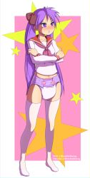 1girl blue_eyes blush bottomless crossed_arms diaper hair_ribbon hiiragi_kagami long_hair lucky_star marchinbunny no_pants pout purple_diaper purple_hair ribbon school_uniform serafuku star_(symbol) starry_background thighhighs twintails rating:Questionable score:39 user:yufuking