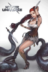  1girl absurdres armband athena_(hyper_universe) bad_id bad_pixiv_id blue_eyes breasts cleavage copyright_name corset earrings feather_hair_ornament feathers full_body hair_ornament high_heels highres holding holding_own_hair hyper_universe jagercoke jewelry large_breasts leg_grab lips long_hair looking_at_viewer miniskirt necklace parted_lips ponytail red_hair red_lips skirt solo standing sword tentacles very_long_hair watermark weapon web_address  rating:Sensitive score:23 user:danbooru