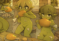  5girls ass blonde_hair breasts chicken_(food) cleft_of_venus colored_skin completely_nude eating female_focus female_goblin flat_chest food goblin green_eyes green_hair green_skin highres loli monster_girl multiple_girls navel noise_(lesion949) nude original plate pointy_ears potato pussy sitting small_breasts tagme thighs uncensored 