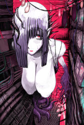  1girl breasts colored_skin condom cum female_focus hair_over_one_eye hanging_breasts highres huge_breasts limited_palette looking_at_viewer monster_girl original pinku red_eyes scar solo spikes tentacles used_condom what white_hair white_skin 