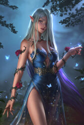 1girl absurdres blue_dress blue_eyes copyright_request deajulia dress elf fairy fantasy flower forest gradient_hair highres long_hair looking_at_viewer multicolored_hair nature night outdoors pointy_ears purple_hair red_flower red_rose rose side_slit thorns very_long_hair white_hair  rating:Sensitive score:15 user:danbooru
