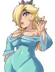  1girl absurdres aqua_dress aqua_nails blonde_hair blue_eyes breasts brooch crown dress earrings hair_over_one_eye hand_on_own_hip highres holding holding_wand jewelry large_breasts mario_(series) moxydraws nail_polish nintendo off-shoulder_dress off_shoulder rosalina solo star_(symbol) star_brooch star_earrings star_wand super_mario_galaxy wand 