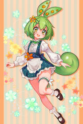  1girl absurdres apron blush bobby_socks bridal_garter commentary_request dress flower full_body green_hair highres long_hair looking_at_viewer low_ponytail mary_janes open_mouth orange_eyes shoes smile socks solo tsukiyono_aroe voicevox waitress zundamon 