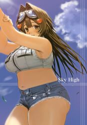  1girl belly blue_shorts blush breasts brown_eyes brown_hair chain cloud glint goggles goggles_on_head hair_ornament hand_on_own_arm heart heart_hair_ornament highres hott0g111 large_breasts long_hair midriff nanaco_(hott0g111) navel original parted_lips plump short_shorts shorts sky smile solo thick_thighs thighs 