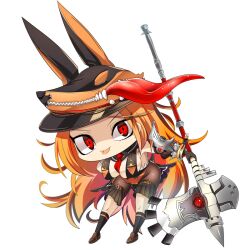  1girl armor axe black_gloves black_socks breasts brown_footwear brown_shorts character_request chibi closed_mouth commentary_request elbow_gloves full_body gloves holding holding_axe hop_step_jumpers large_breasts leaning_forward lets0020 loafers long_hair looking_at_viewer mesbis orange_hair pauldrons red_eyes shaded_face shoes shorts shoulder_armor simple_background single_pauldron smile socks solo tongue tongue_out transparent_background very_long_hair wolf_hat 