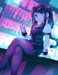  1girl bar_(place) black_hair black_necktie breasts closed_mouth counter crossed_legs cup drinking_glass glint high_heels highres holding holding_cup jill_stingray long_hair long_sleeves looking_at_viewer medium_breasts necktie pantyhose parororo pencil_skirt puffy_sleeves red_eyes sidelocks sitting skirt solo swept_bangs twintails va-11_hall-a 