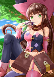  1girl asymmetrical_legwear asymmetrical_sleeves bare_shoulders black_thighhighs blue_sky blush boots breasts brown_hair cleavage closed_mouth cloud commentary_request cosplay day detached_sleeves fur_trim garter_straps gochuumon_wa_usagi_desu_ka? green_eyes groin hand_up head_tilt highres holding keyhole large_breasts lock long_hair long_sleeves looking_at_viewer magilou_(tales) magilou_(tales)_(cosplay) mismatched_legwear mismatched_sleeves multicolored_shirt outdoors pink_footwear pink_thighhighs satou_satomi sitting sky solo strapless tales_of_(series) tales_of_berseria tedeza_rize thighhighs ujimatsu_chiya very_long_hair voice_actor_connection xenon_(for_achieve) 