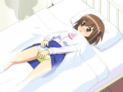  1girl acchi_kocchi bed bedwetting blush brown_eyes brown_hair diaper haruno_hime loli peeing peeing_self pillow skirt solo  rating:Questionable score:20 user:zomgkitty
