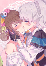  2girls alternate_costume alternate_hairstyle bang_dream! bare_shoulders black_gloves blue_eyes blush bridal_veil brown_hair closed_mouth collarbone commentary_request detached_sleeves dress earrings fang female_focus gloves highres jewelry looking_at_another meu203 multiple_girls open_mouth ponytail purple_brooch short_hair short_sleeves strapless strapless_dress tongue tongue_out veil wakamiya_eve wedding_dress white_dress white_hair wife_and_wife yamato_maya yuri 