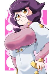  1girl alternate_eye_color arm_at_side big_hair border breasts buttons capelet commentary_request creatures_(company) game_freak glasses hand_on_own_hip high-waist_skirt large_breasts long_sleeves medium_skirt nintendo orange_eyes pencil_skirt pink-framed_eyewear pink_background pink_sweater pokemon pokemon_sm purple_hair ribbed_sweater skirt smile solo suzushiro_seri sweater turtleneck turtleneck_sweater upper_body white_border white_capelet white_skirt wicke_(pokemon) 