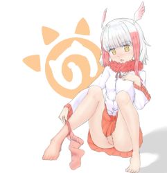  10s 1girl aporon_(qqsa8n39n) bird_wings blush breasts buttons chestnut_mouth clothes_pull eyebrows feet frilled_sleeves frills gradient_hair head_wings japanese_crested_ibis_(kemono_friends) japari_symbol kemono_friends loli long_sleeves multicolored_hair no_panties no_pussy open_mouth pantyhose pantyhose_pull pleated_skirt red_hair red_pantyhose shirt simple_background sitting skirt small_breasts solo spread_legs string_pull two-tone_hair undressing upskirt white_background white_hair white_shirt white_wings wings yellow_eyes  rating:Explicit score:20 user:2hu4u
